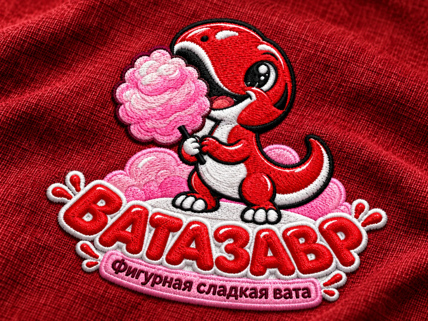 Ватазавр — вышитый логотип на красной ткани